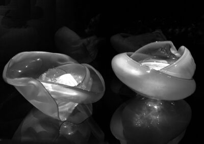 Two translucent, glowing objects on a reflective surface in a dark setting.