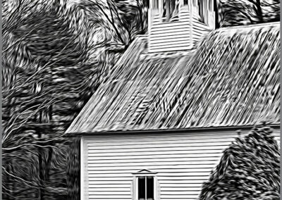 Black and white sketch of a rustic church with a steeple surrounded by trees.