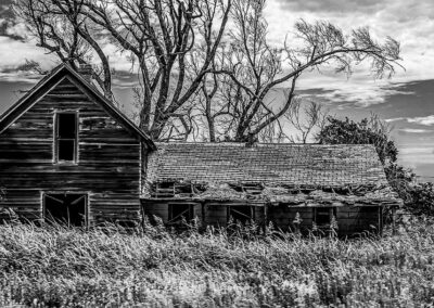 Black and white photo of an old, abandoned barn surrounded by tall grass and bare trees.