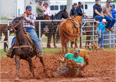 A rodeo cowboy slips in the mud during a calf roping event.