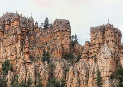 A majestic castle built into rocky cliffs surrounded by trees.