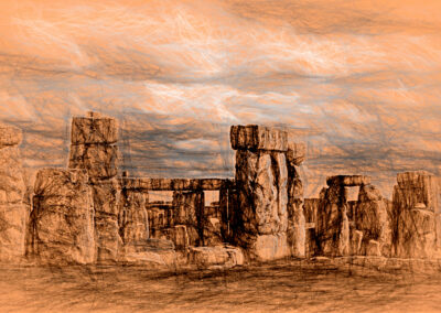 Artistic sketch of Stonehenge under a cloudy sky.