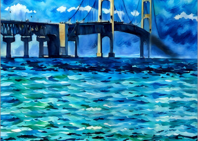 Vibrant painting of a large suspension bridge over shimmering blue water.