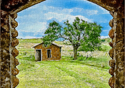 Rustic house and tree viewed through an ornate stone window frame.