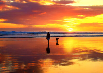 A person and dog walk along the beach during a vibrant sunset.