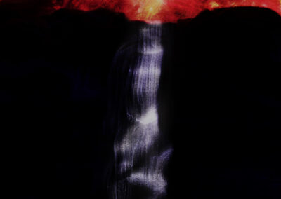 A vibrant red and white mushroom cloud against a dark background.
