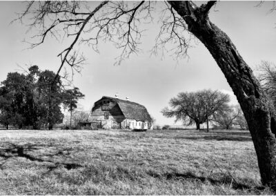 Black and white photo of a rustic barn surrounded by trees and open field.