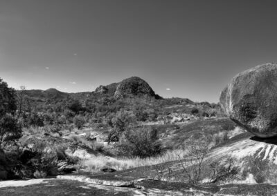 Black and white landscape of rocky hills and sparse vegetation under a clear sky.