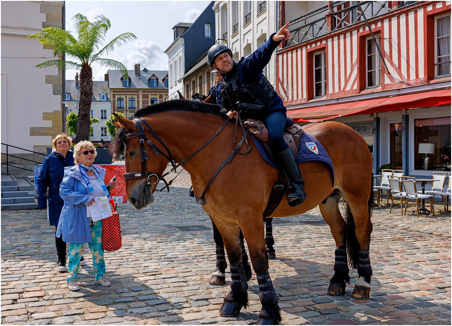 Mounted police officer gestures while talking to a woman on a cobblestone street.